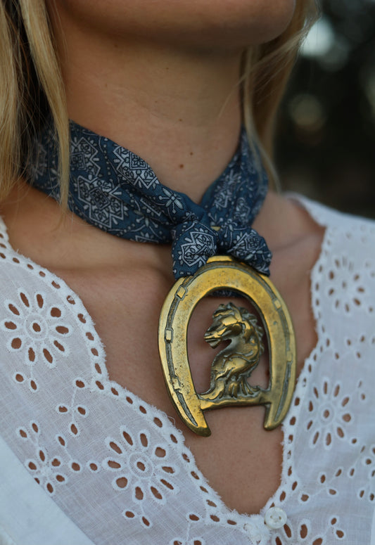 Brass Horse Medallion With Blue Bandana