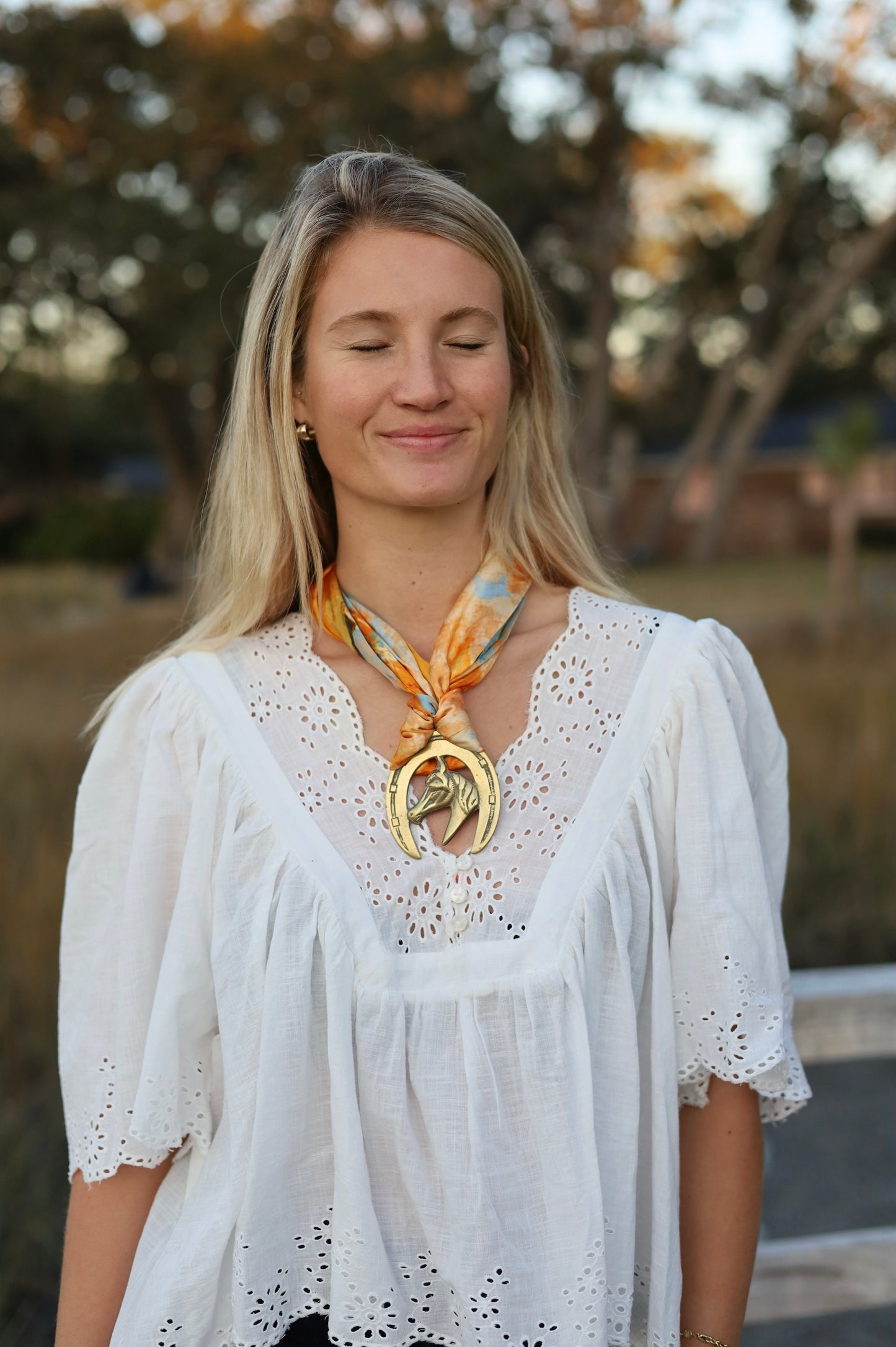Brass Horse Medallion With Orange Faux Silk Scarf