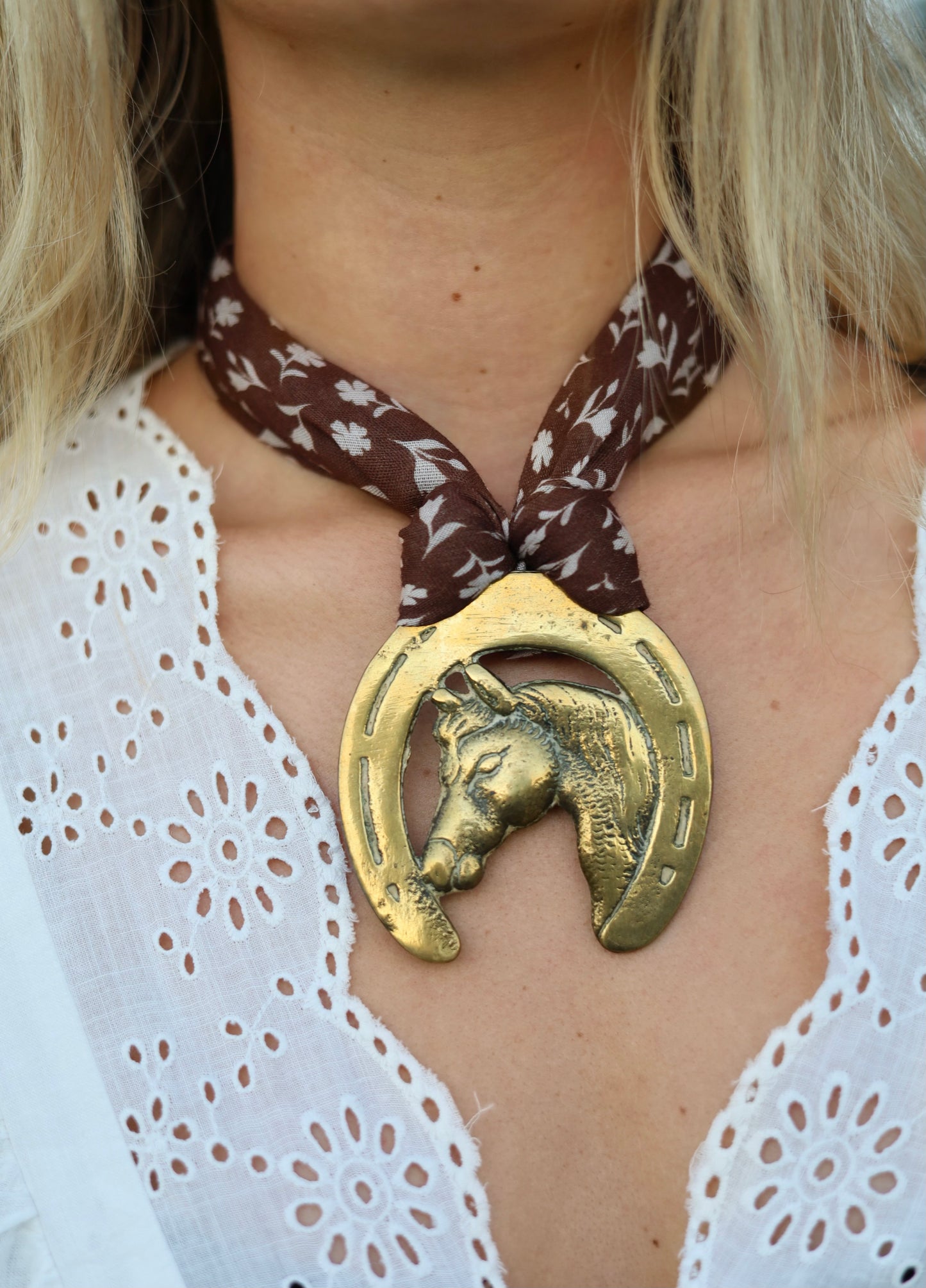Horse Brass Medallion With Brown Floral Scarf Necklace