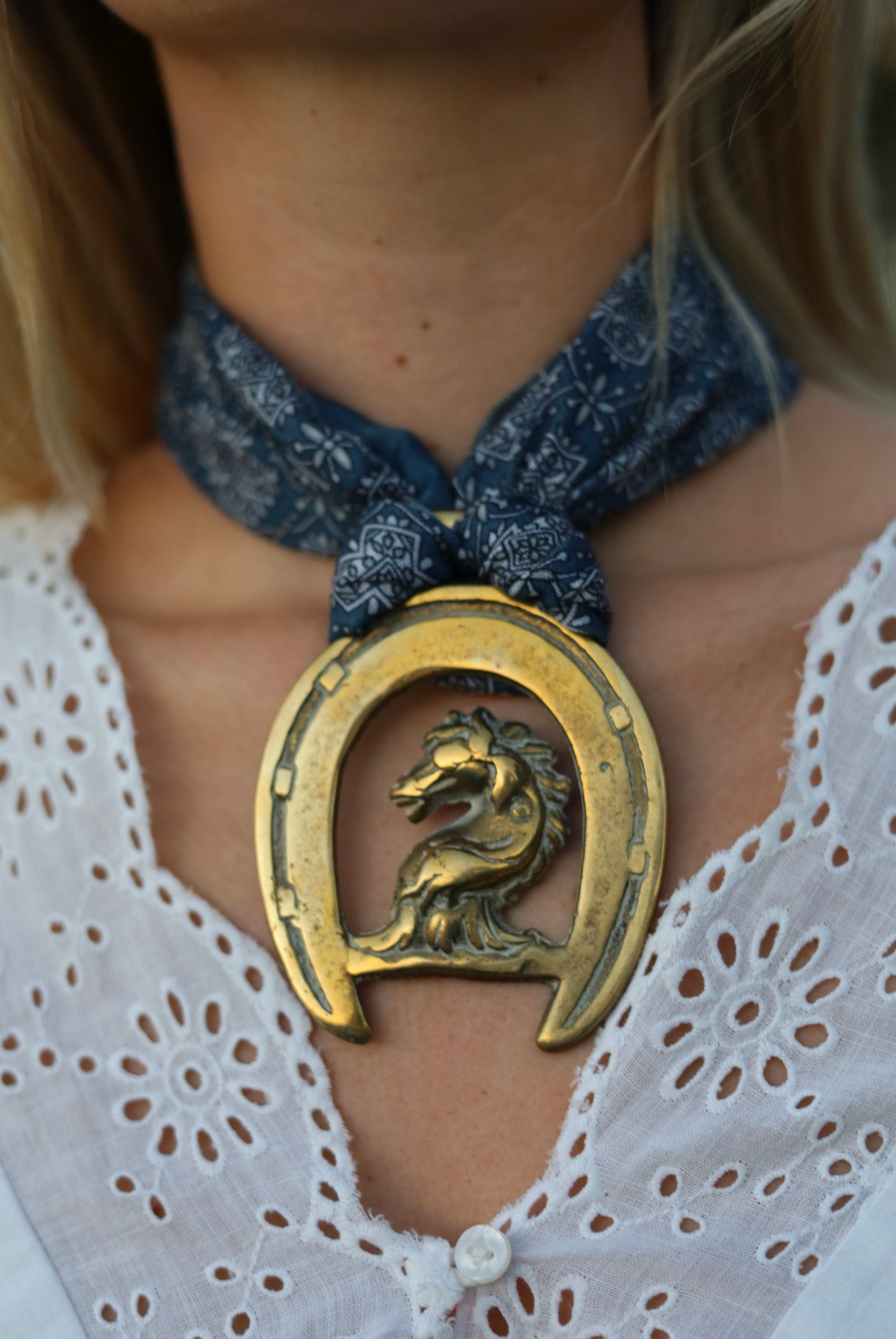 Brass Horse Medallion With Blue Bandana
