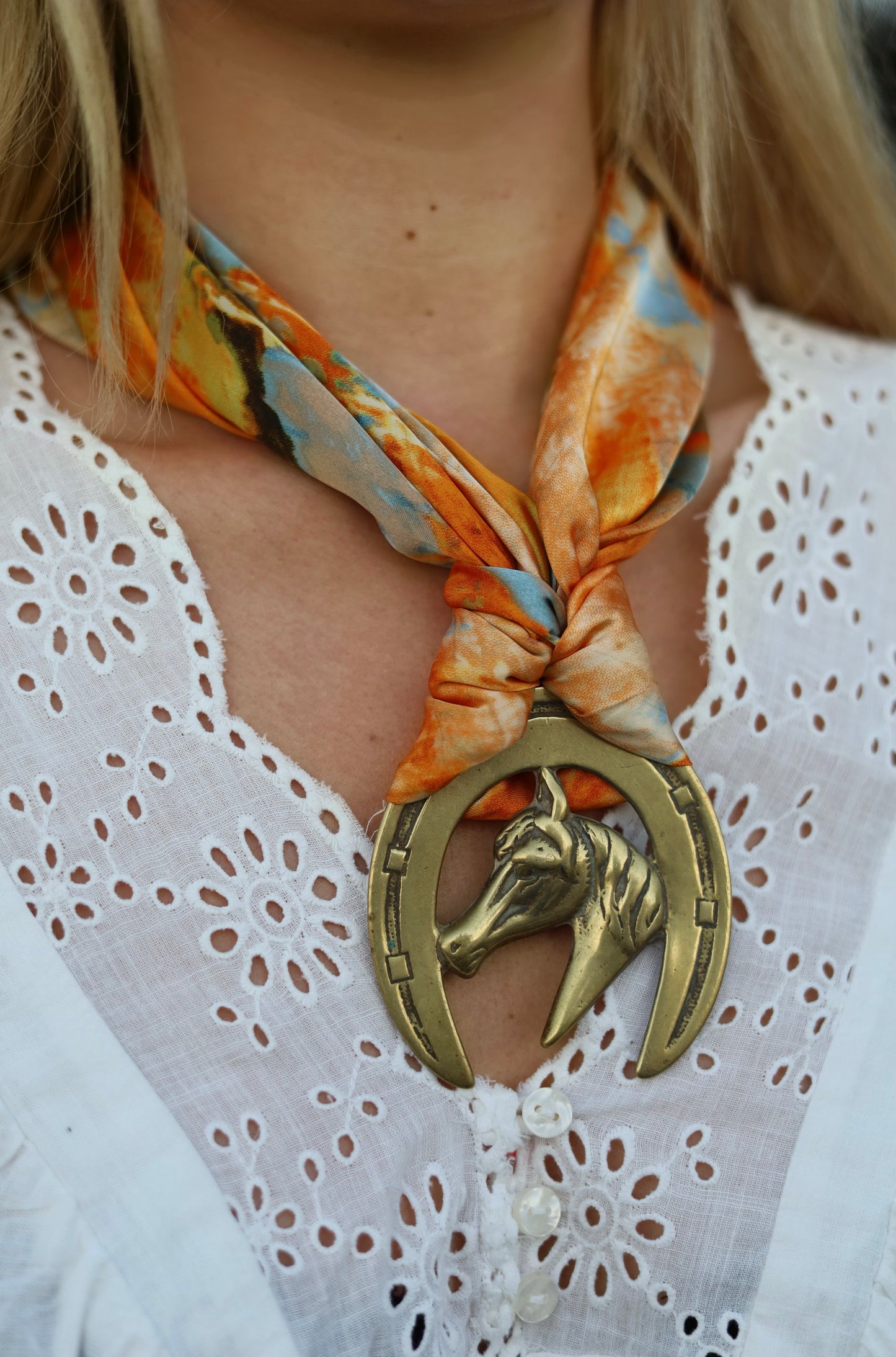 Brass Horse Medallion With Orange Faux Silk Scarf