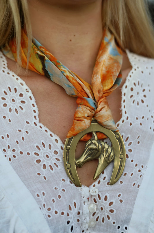 Brass Horse Medallion With Orange Faux Silk Scarf