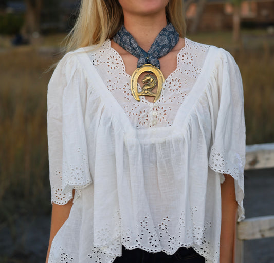 Brass Horse Medallion With Blue Bandana