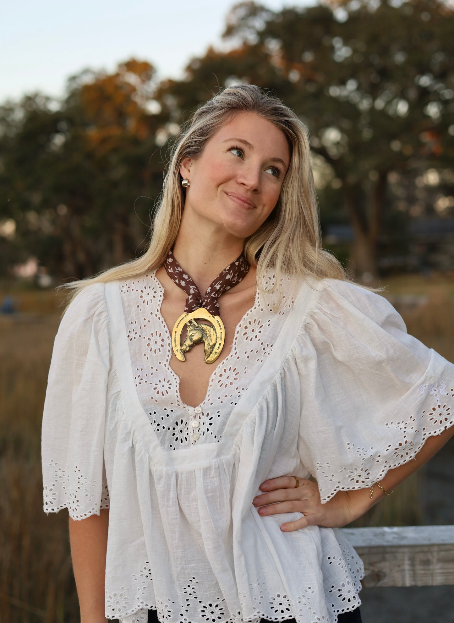Horse Brass Medallion With Brown Floral Scarf Necklace
