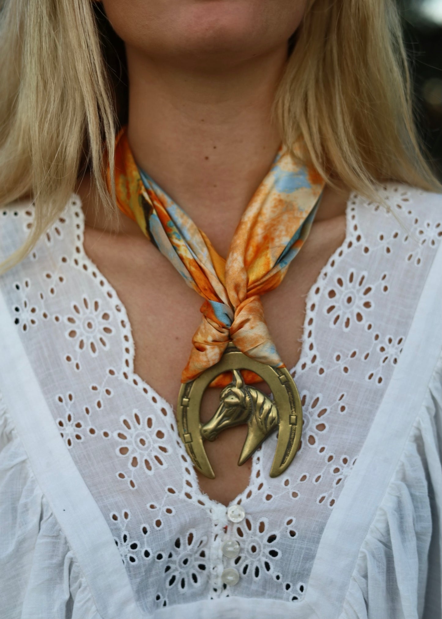 Brass Horse Medallion With Orange Faux Silk Scarf