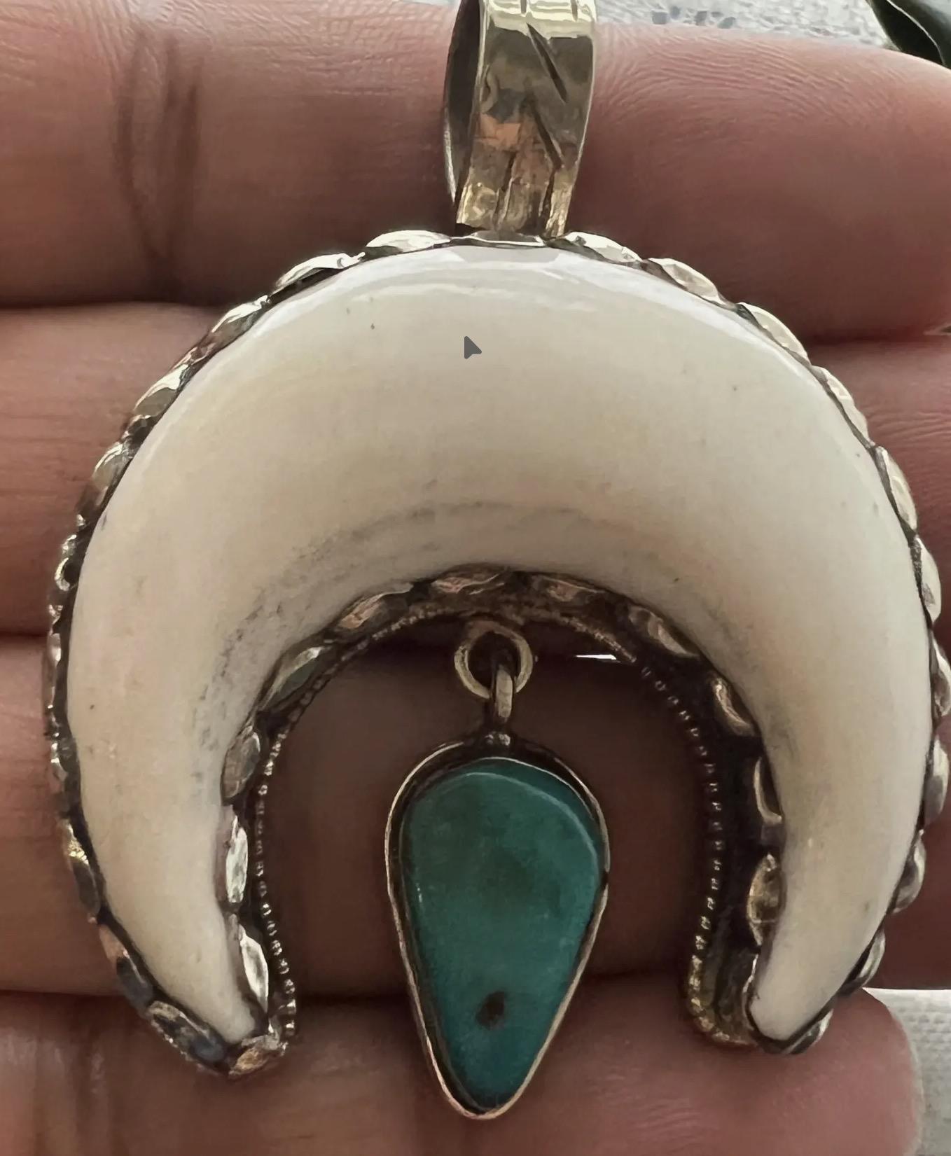 Bone Carved Squash Blossom Pendant w Turquoise Drop